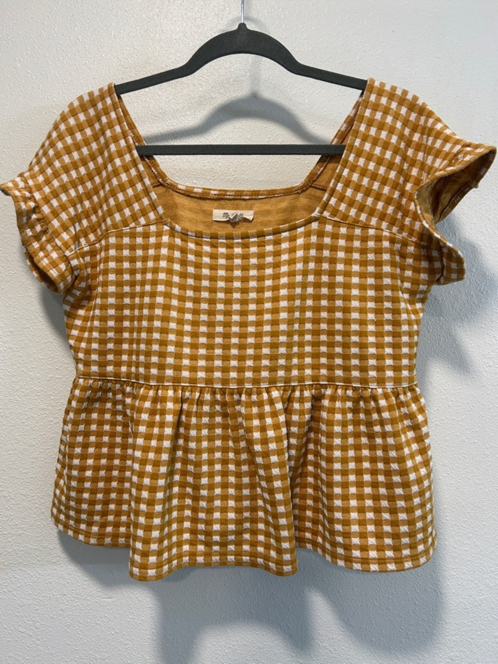 Madewell Mustard and White Gingham Peplum Top